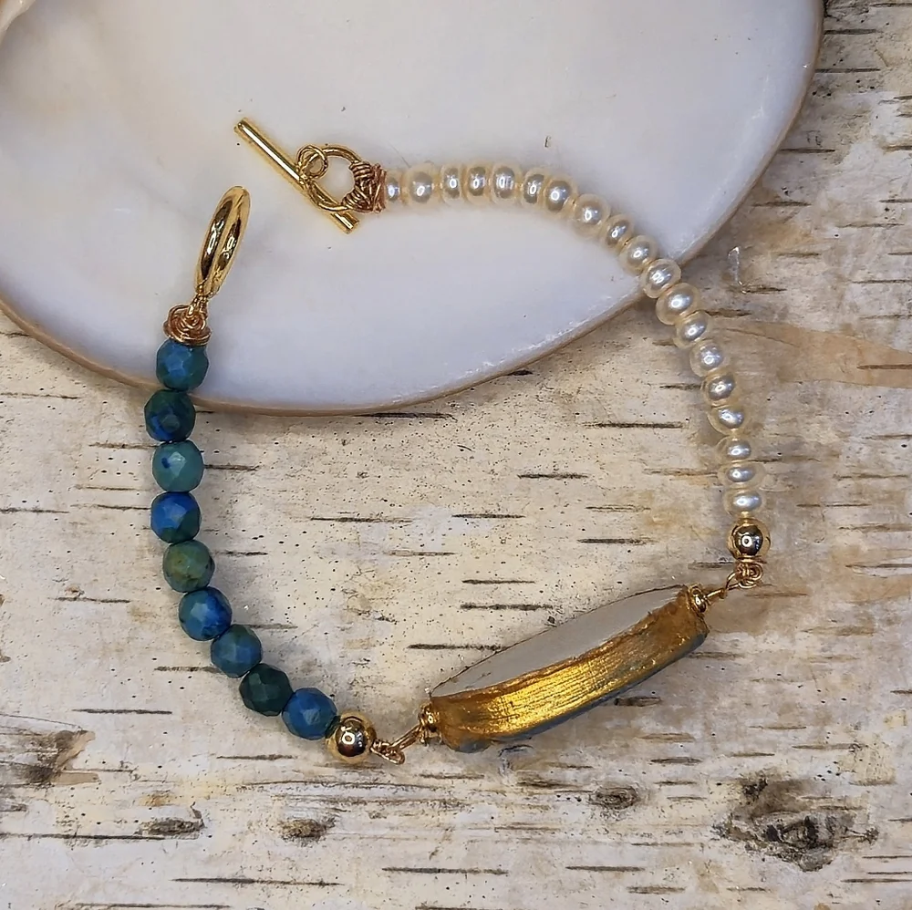 Santorini Inspired Handpainted Blue Fish, Azurite & Pearld In Artisan Bracelet